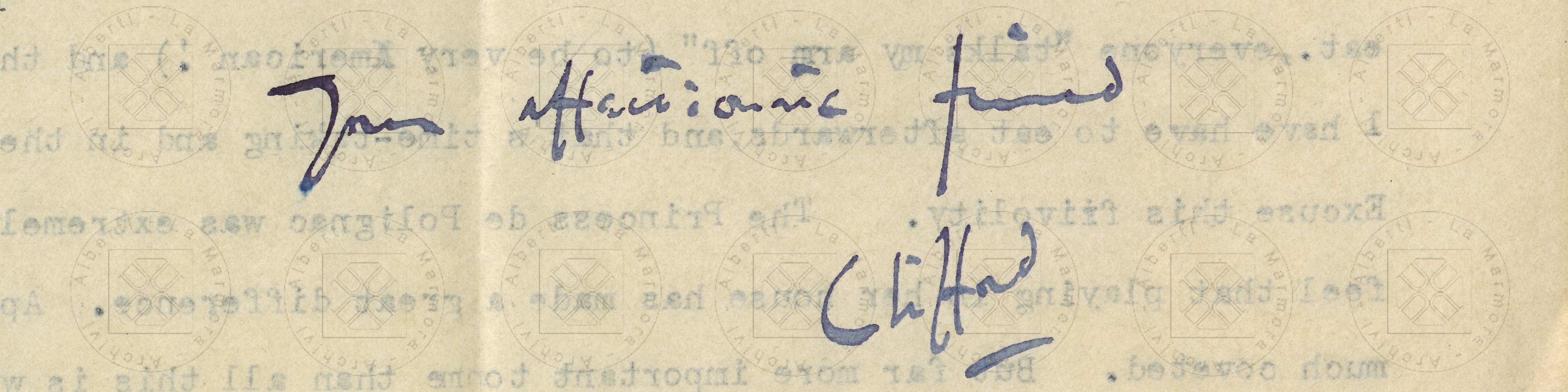 Da una lettera di Clifford Curzon ad Alberti, Parigi, 20 febbraio 1935, firma